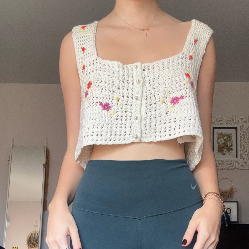 Free People Cream Crochet Tank Top with Floral Accents